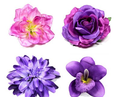 Ansteckblüten und Haarblüten in den Farben lila und violett